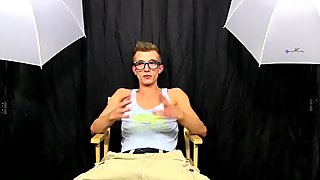 Interviewed nerdy twinkie jacks off before dildoing his ass